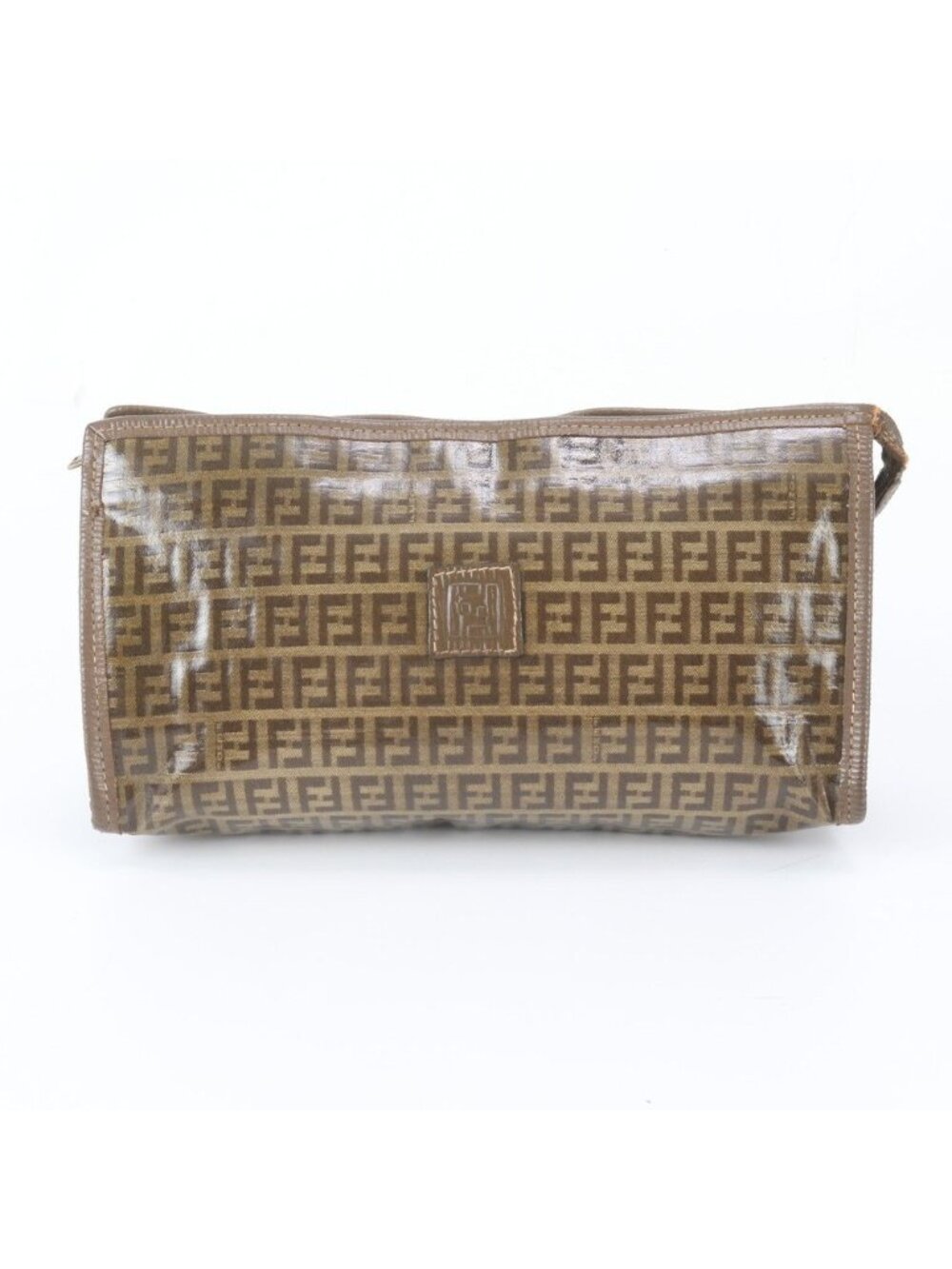 Fendi FF Zucchino Leather Clutch Hand Second Pouch Tote Brown